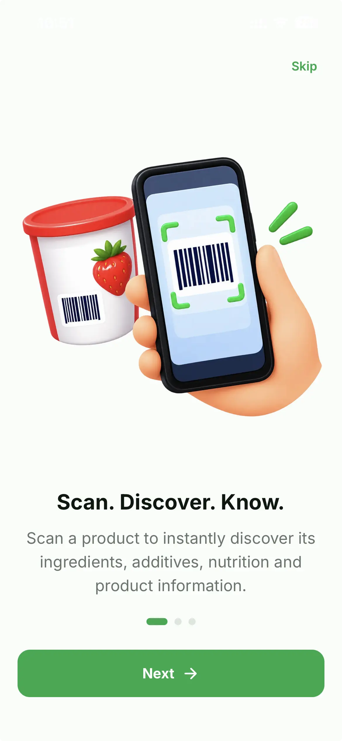 Kouka onboarding screen introducing barcode scanning